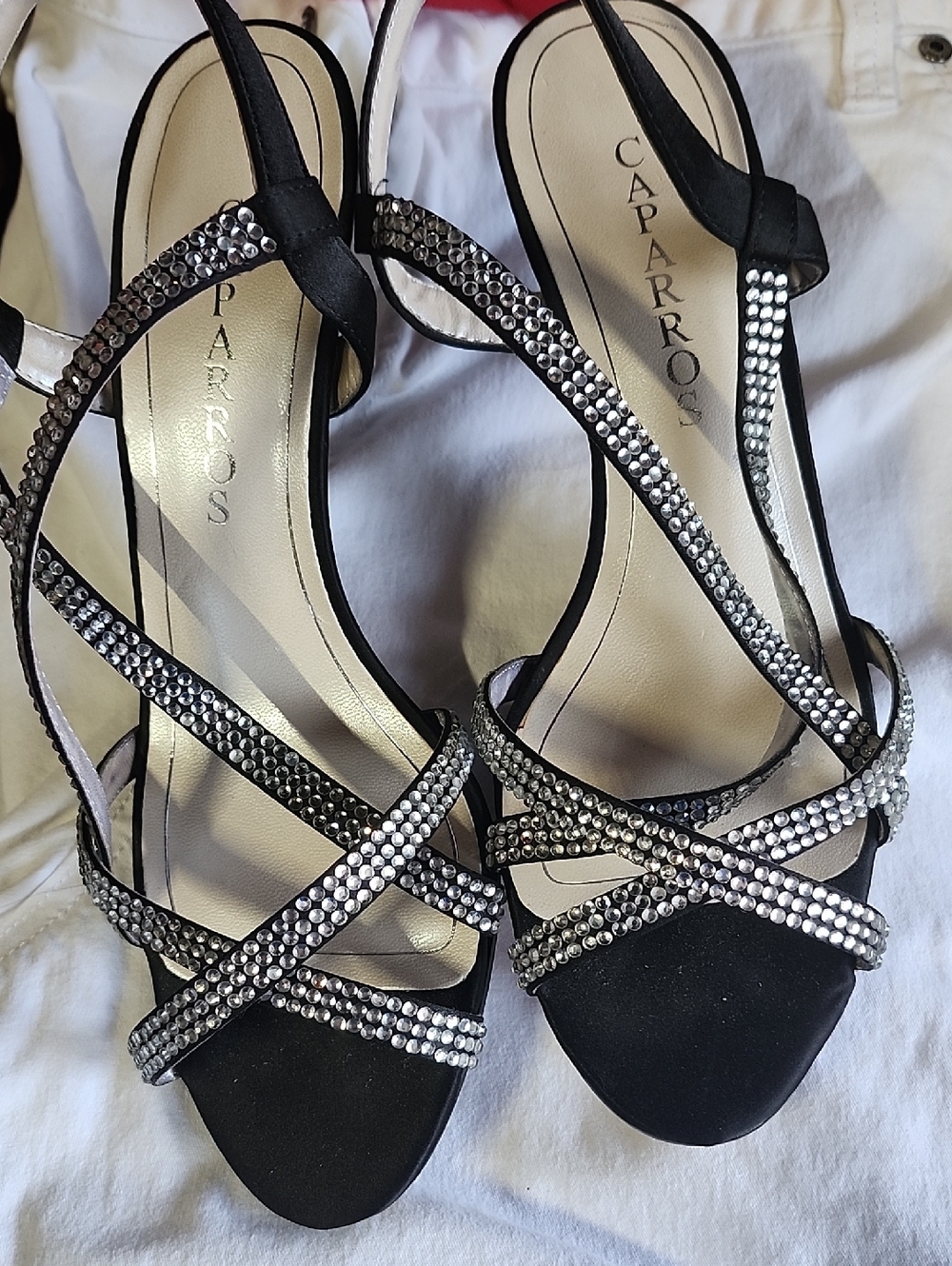 Caparros Black Crystal-Embellished Strappy Slingback Heels